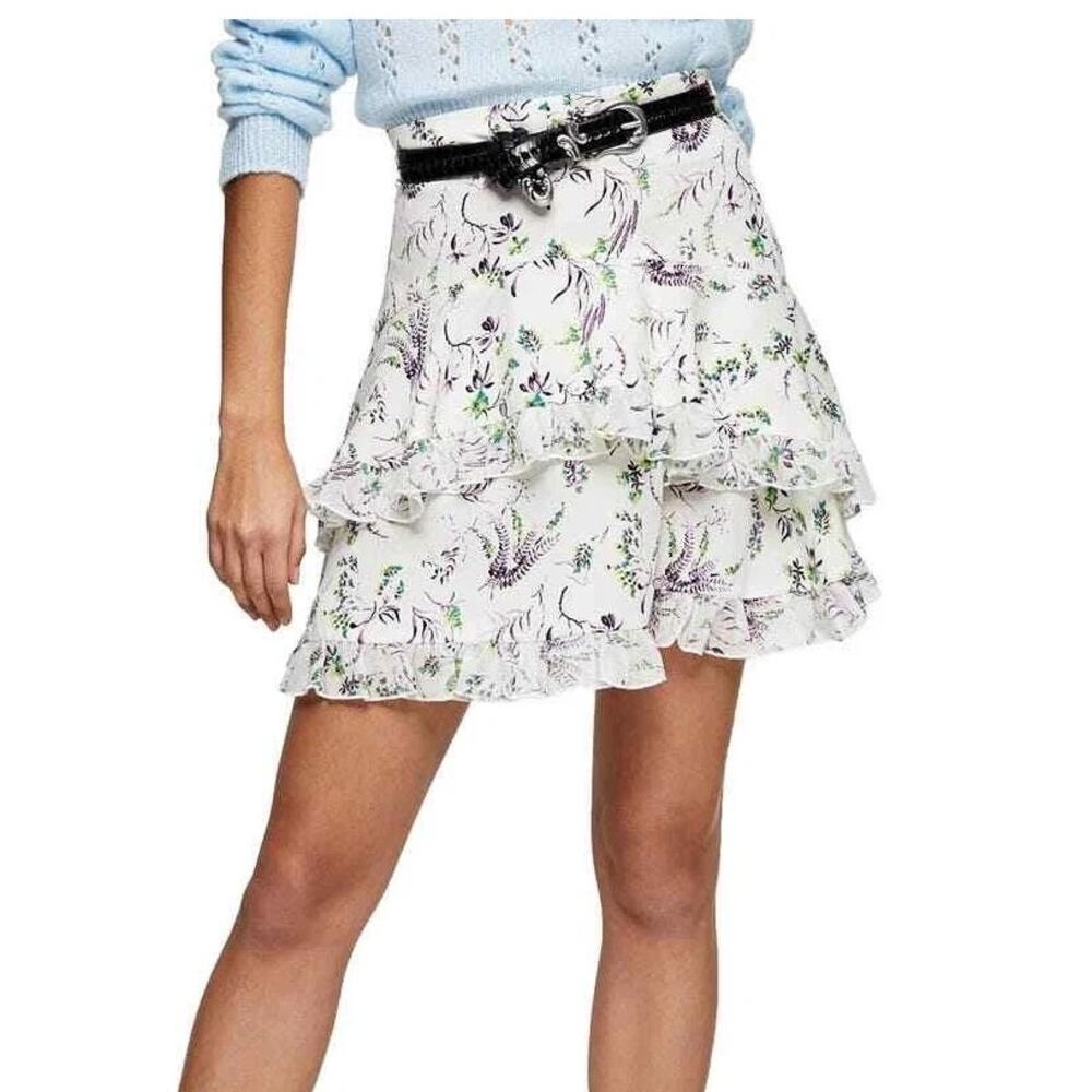 Topshop Floral Ruffle Mini Skirt Ivory Purple Green Size US 2